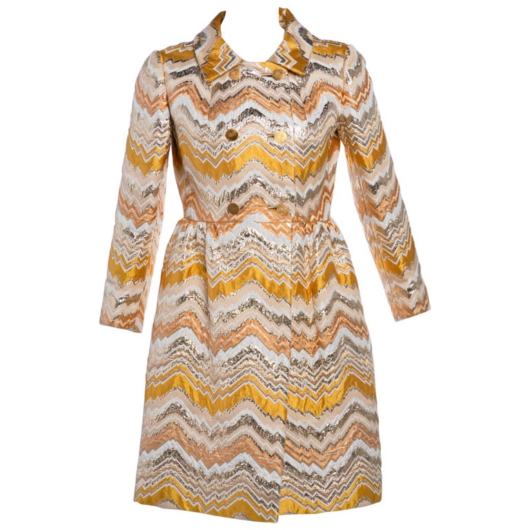 Bill Blass for Maurice Rentner Mod Metallic Zigzag Stripes Coat Dress, 1960s