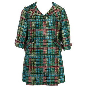 James Galanos Couture Emerald Colorful Print Side Pleat Coat, 1970s