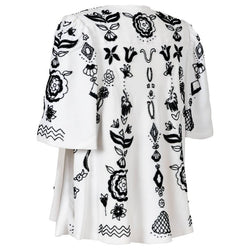 Tiziani by Karl Lagerfeld White Silk Black Floral Embroidered Swing Coat, 1960s