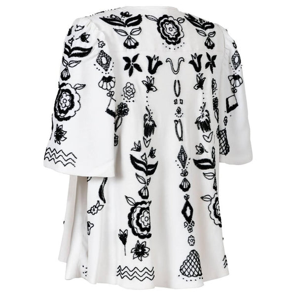 Tiziani by Karl Lagerfeld White Silk Black Floral Embroidered Swing Coat, 1960s