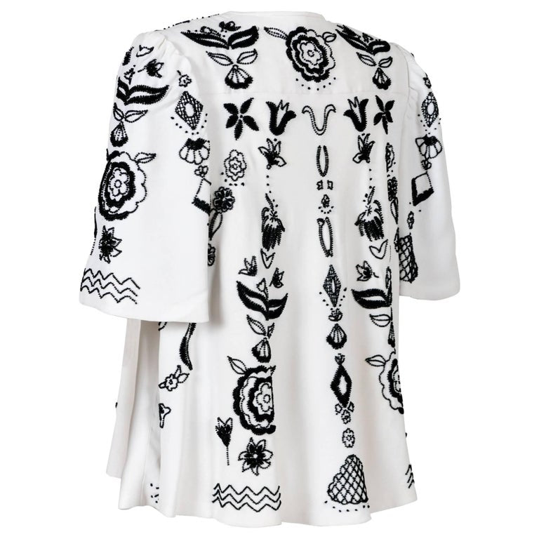 Tiziani by Karl Lagerfeld White Silk Black Floral Embroidered Swing Coat, 1960s