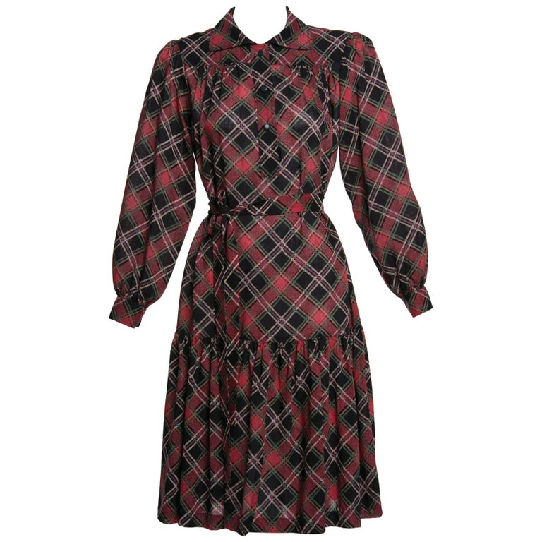 1970's Yves Saint Laurent YSL Vintage Lightweight Wool Plaid Dress