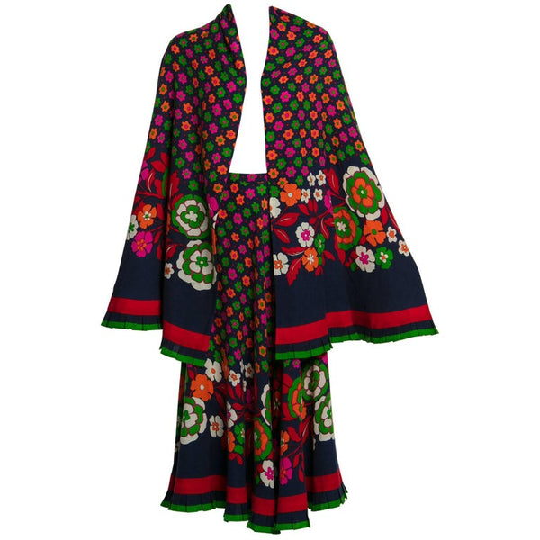1970s Lanvin Haute-Couture Multicolored Florals Wool Skirt & Shawl Set