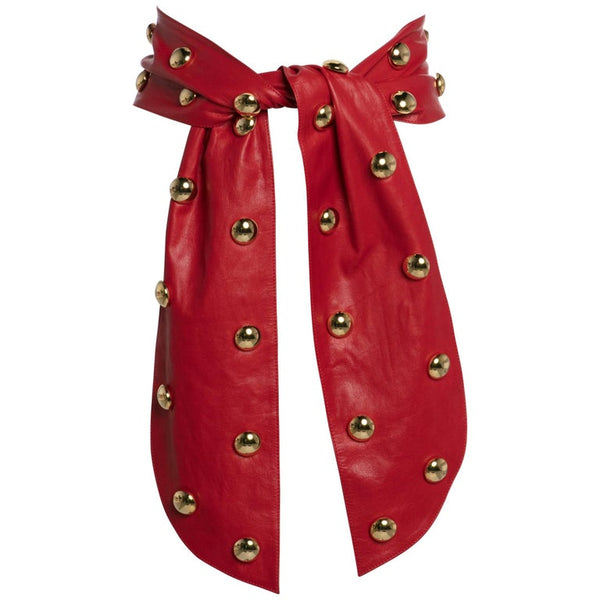 1980s Yves Saint Laurent Red Leather Gold Stud Sash Belt Documented YSL