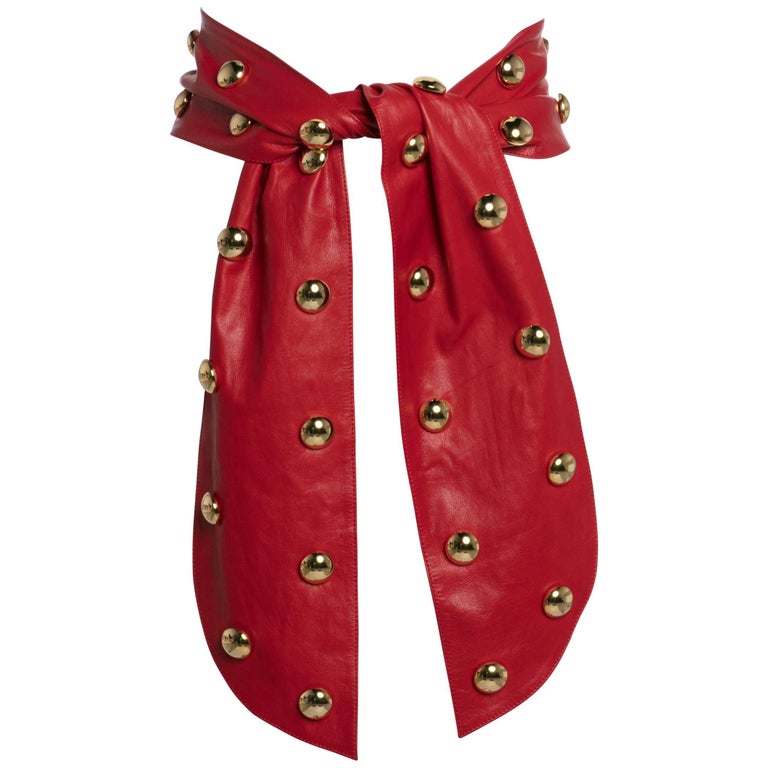 1980s Yves Saint Laurent Red Leather Gold Stud Sash Belt Documented YSL
