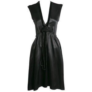 2005 Lanvin by Alber Elbaz Plunge Neck Black Satin Velvet Necklace Dress