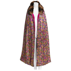 Floral Silk Metallic Lamé and Pink Velvet Fur Collar Flapper Coat Cape, 1920s