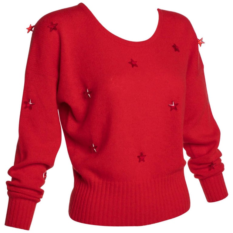 1980s Krizia Red Wool Angora Lucite Star Beads Sweater