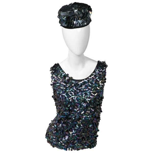 1960s Midnight Paillette Sequin Wool Hat and Sleeveless Sweater Set
