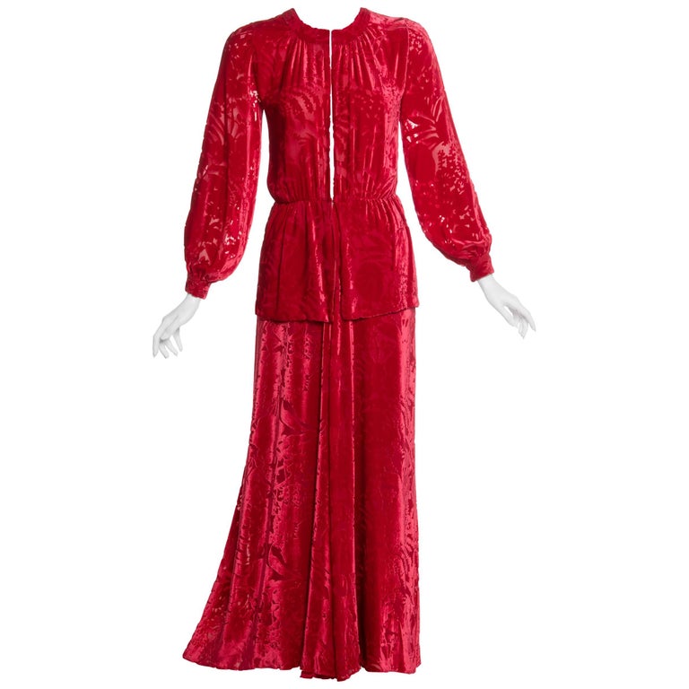 1970s Thea Porter Couture Red Silk Velvet Dress