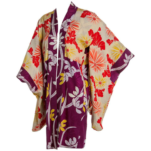 1940s Japanese Colorful Floral Printed Silk Kimono Jacket