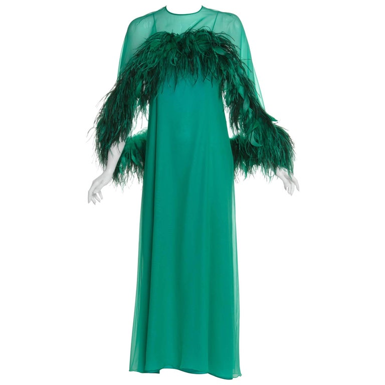 1970s Malcolm Starr Emerald Green Chiffon Gown & Ostrich Feather Cape Basha Gold 1970s Malcolm Starr Emerald Green Chiffon Gown & Ostrich Feather Cape Basha Gold