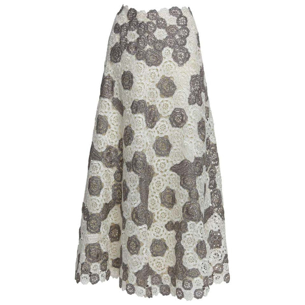Vintage Anna Giovannozzi Italy Grey White Floral Crochet Raffia Maxi Skirt