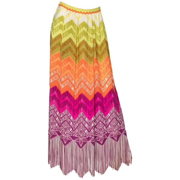 Lanvin Silk Rainbow Print Fringe Maxi Skirt, 1970s
