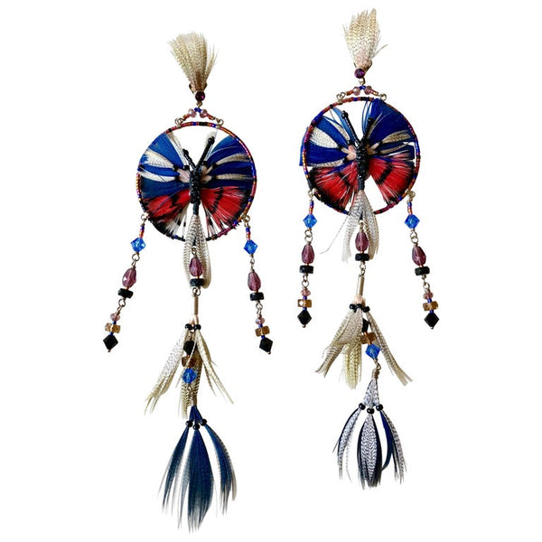Valentino Resort Butterfly Dream Catcher Feather Shoulder Duster Earrings, 2016