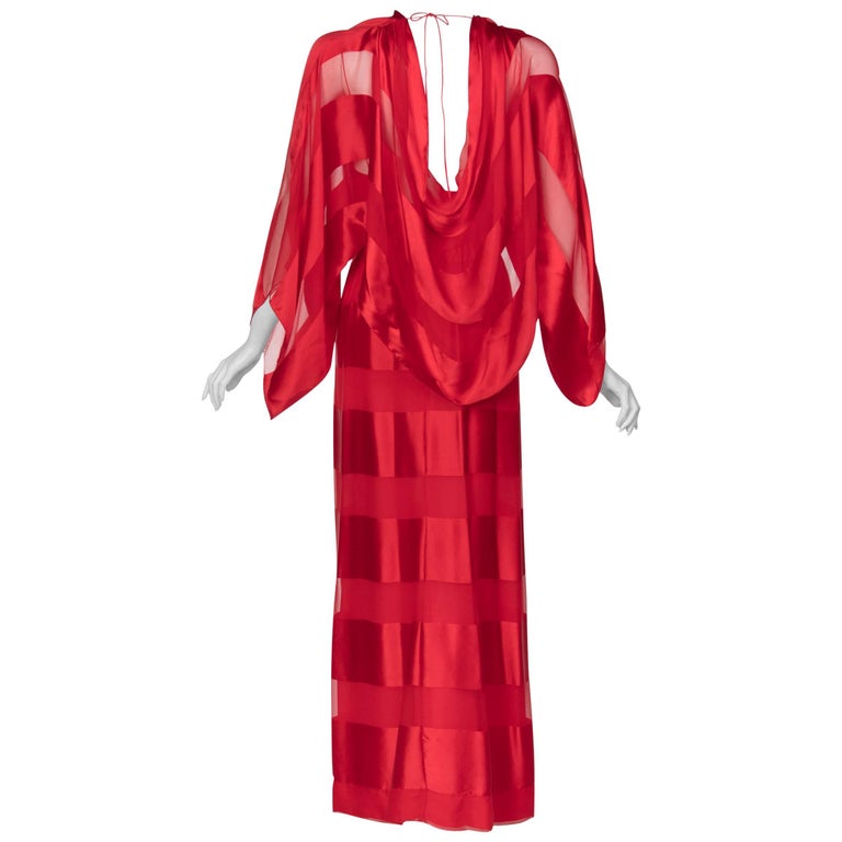 Bill Blass Red Silk Sheer Striped Maxi Column Dress Draped Overlay, 1970s