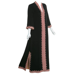 1970s Vintage 'De Velasco Boutique, Tanger’ Black Silk Pink Embroidered Caftan