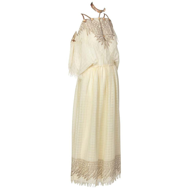 Zandra Rhodes Ivory Silk Linen Shell Embellished Suede Necklace Dress, 1980s