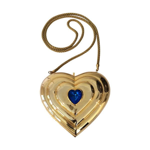 YSL / Yves Saint Laurent Heart Shaped Gold & Sapphire Crystal Minaudiere Bag