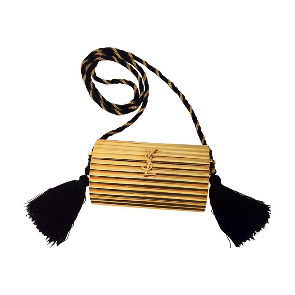 YSL Vintage Gold Metal Black Tassel Evening Bag / Clutch 1980s – Basha Gold