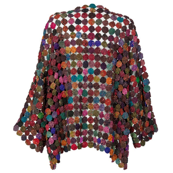 Handcrafted Multicolored Print Yo-Yo Quilt Kimono Sleeve Jacket, 1970s