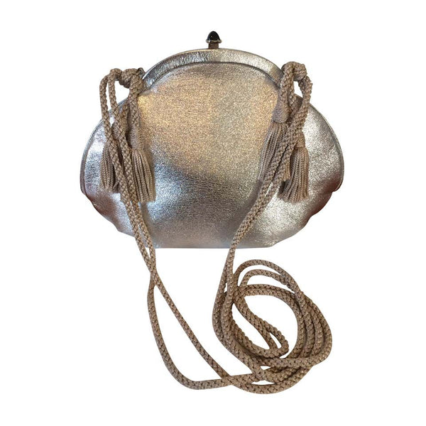 Vintage Judith Leiber Metallic Silver Leather Black Onyx Clasp Evening Bag