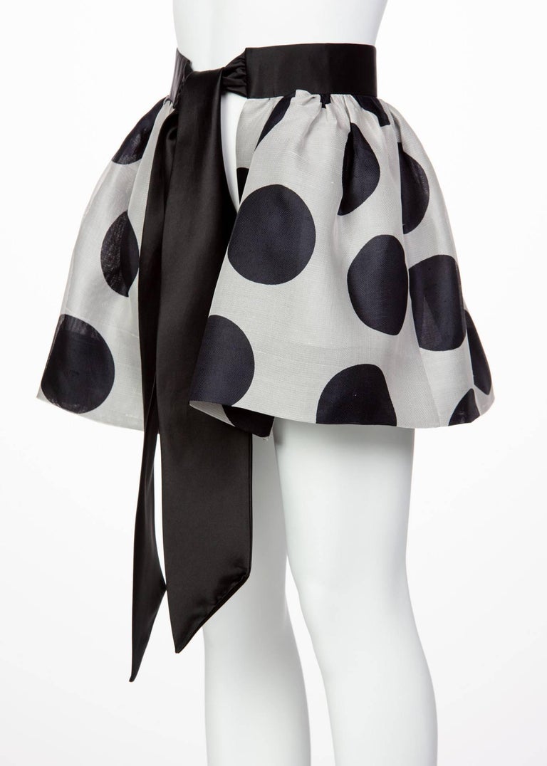 James Purcell Black and Gray Silk Polka Dot Satin Belt Mini Skirt Overlay, 1980s