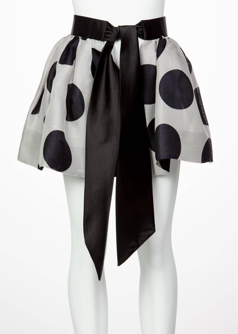 James Purcell Black and Gray Silk Polka Dot Satin Belt Mini Skirt Overlay, 1980s