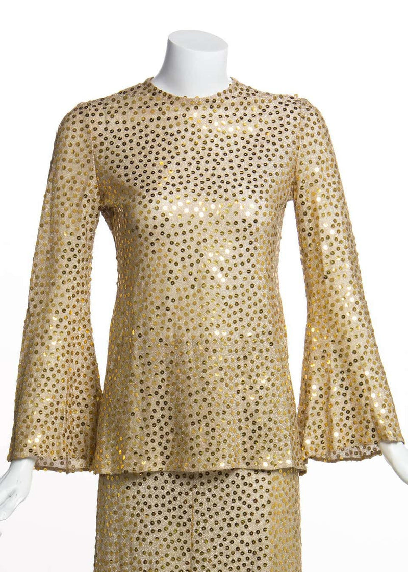 1970s Mollie Parnis Lurex and Sequin Gold Tunic Maxi Skirt Shawl Set Documented