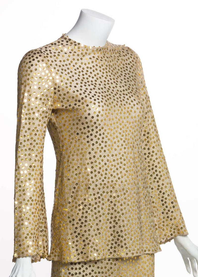 1970s Mollie Parnis Lurex and Sequin Gold Tunic Maxi Skirt Shawl Set Documented