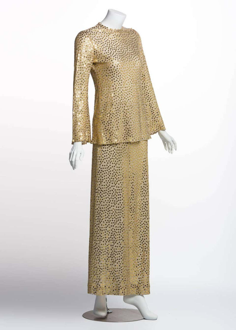 1970s Mollie Parnis Lurex and Sequin Gold Tunic Maxi Skirt Shawl Set Documented