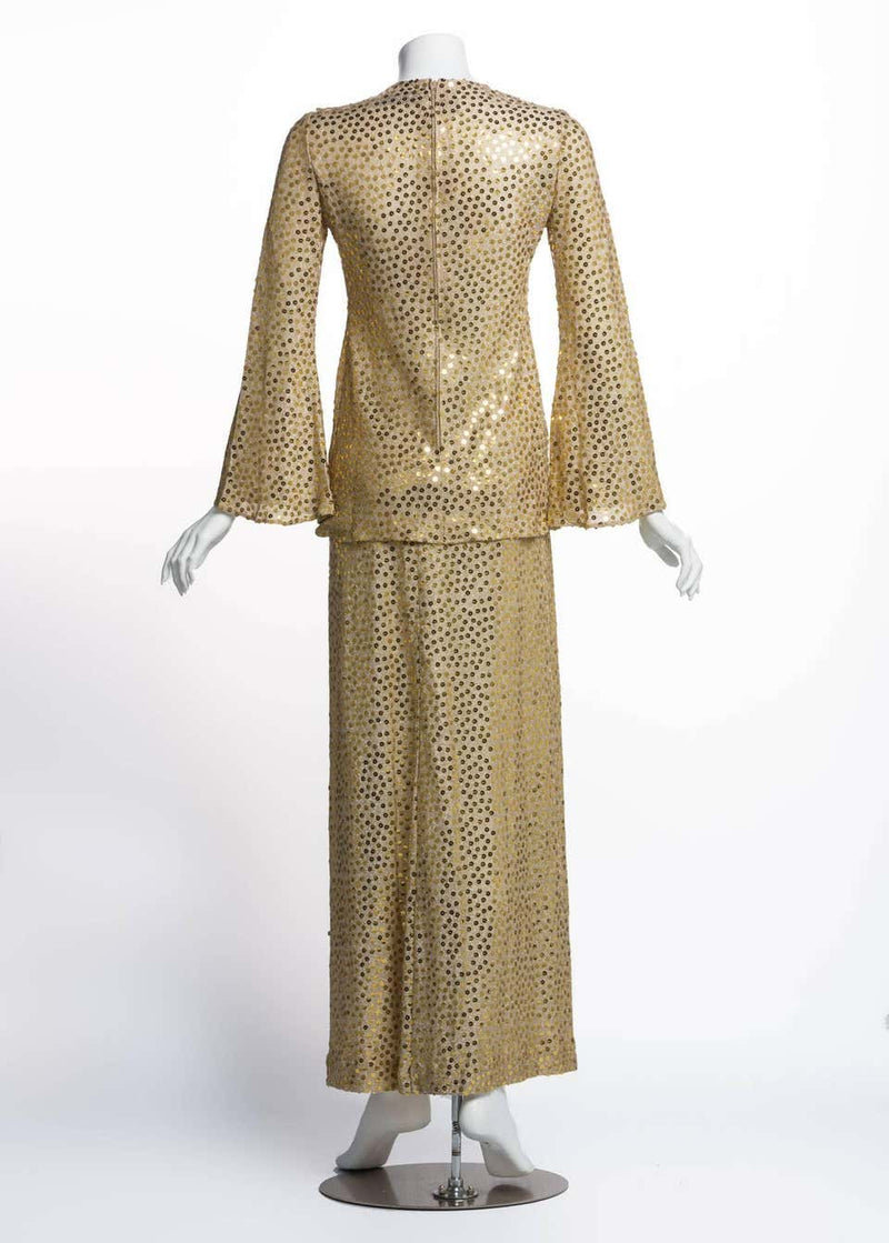 1970s Mollie Parnis Lurex and Sequin Gold Tunic Maxi Skirt Shawl Set Documented