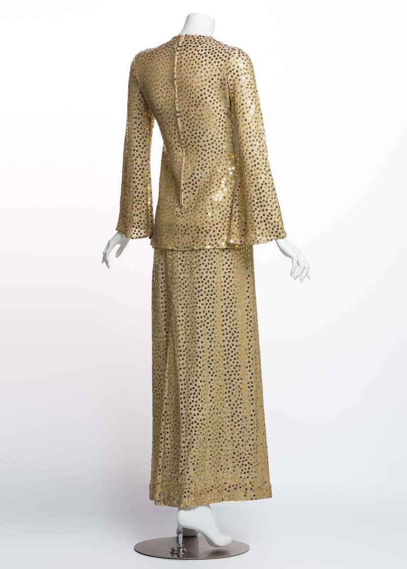 1970s Mollie Parnis Lurex and Sequin Gold Tunic Maxi Skirt Shawl Set Documented