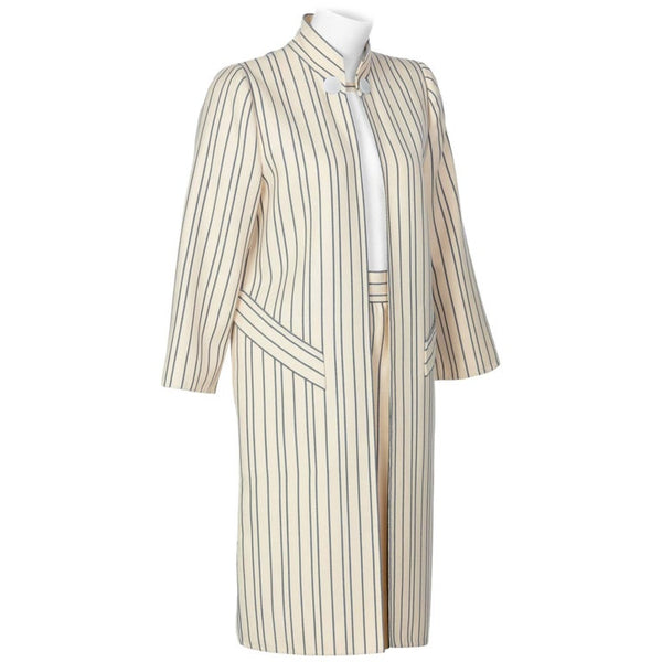 1990s Pauline Trigere creme and Navy Striped Wool Twill Coat Skirt Suit