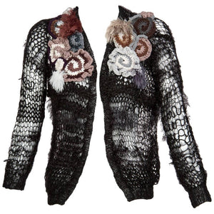 2014 Rodarte Black Handmade Openknit Wool & Lamè Crochet Flower Sweater