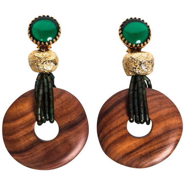 Yves Saint Laurent Emerald Green and Gold Wood Disc Accent Earrings, 1980s