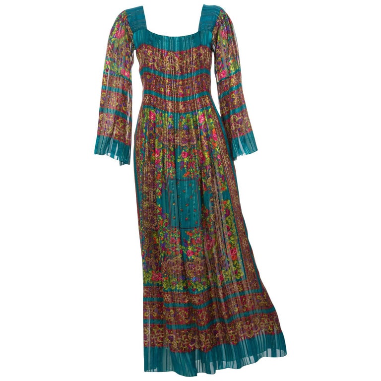 1970s Pauline Trigère Silk Floral Metallic Bell Sleeve Caftan Maxi Dress