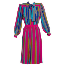 1982 Yves Saint Laurent Multicolored Striped Silk Dress Documented YSL