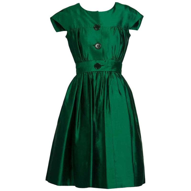 1950s Henri Bendel Emerald Green Silk Belted Full Skirt Cocktail Dress
