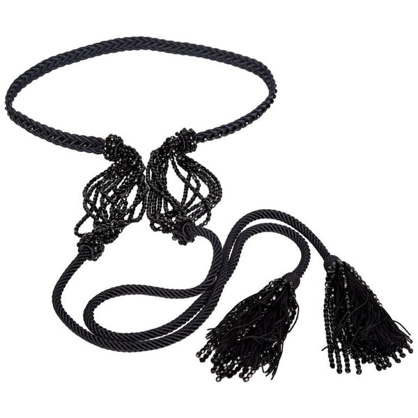 Yves Saint Laurent YSL Black Beaded Rope and Tassel Necklace Belt, 1990s