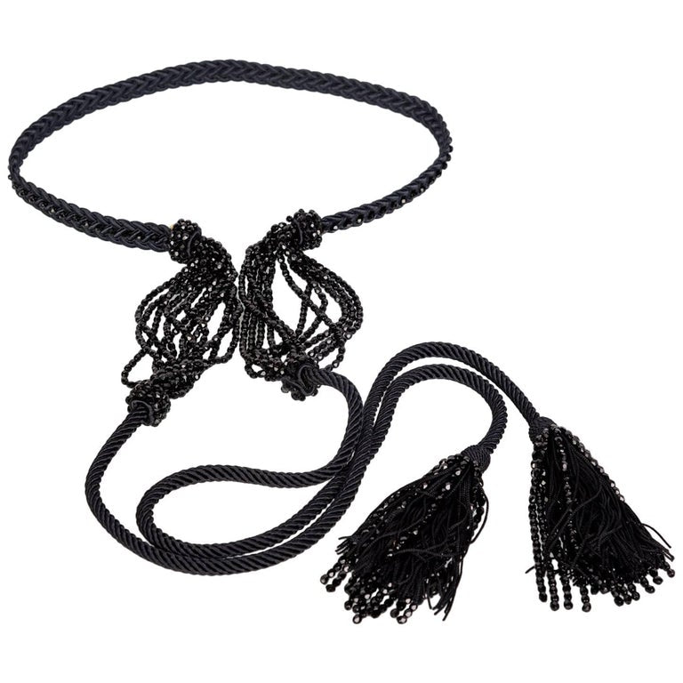 Yves Saint Laurent YSL Black Beaded Rope and Tassel Necklace Belt, 1990s