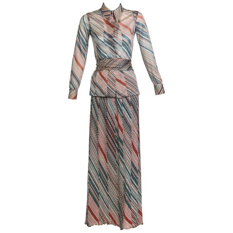 1970s Missoni Diagonal Stripe Lurex Illusion Maxi Skirt and Blouse Set