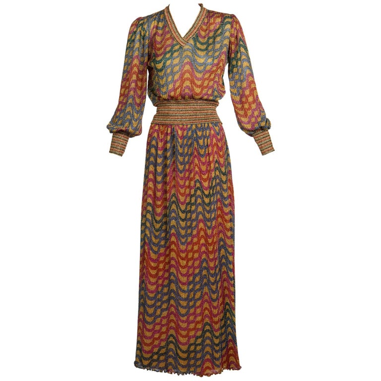 Missoni Multicolored Gold Metallic Lurex Print Top Skirt Set, 1970s