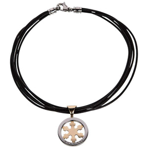 Bulgari Gold Stainless Steel Tondo Snow Flake Pendant Leather Rope Necklace