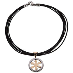Bulgari Gold Stainless Steel Tondo Snow Flake Pendant Leather Rope Necklace