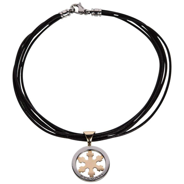 Bulgari Gold Stainless Steel Tondo Snow Flake Pendant Leather Rope Necklace