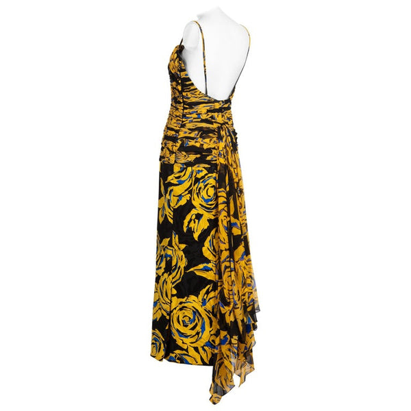 Valentino Yellow Floral Print Draped Black Silk Fishtail Gown Shawl 1970s