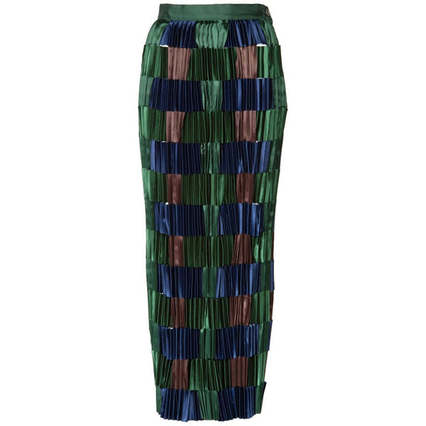Issey Miyake Green Blue Pleated Satin Ribbon Skirt, 1990s