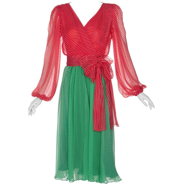 Yves Saint Laurent YSL Haute Couture Red / Green Stripe Silk Chiffon Dress, 1991