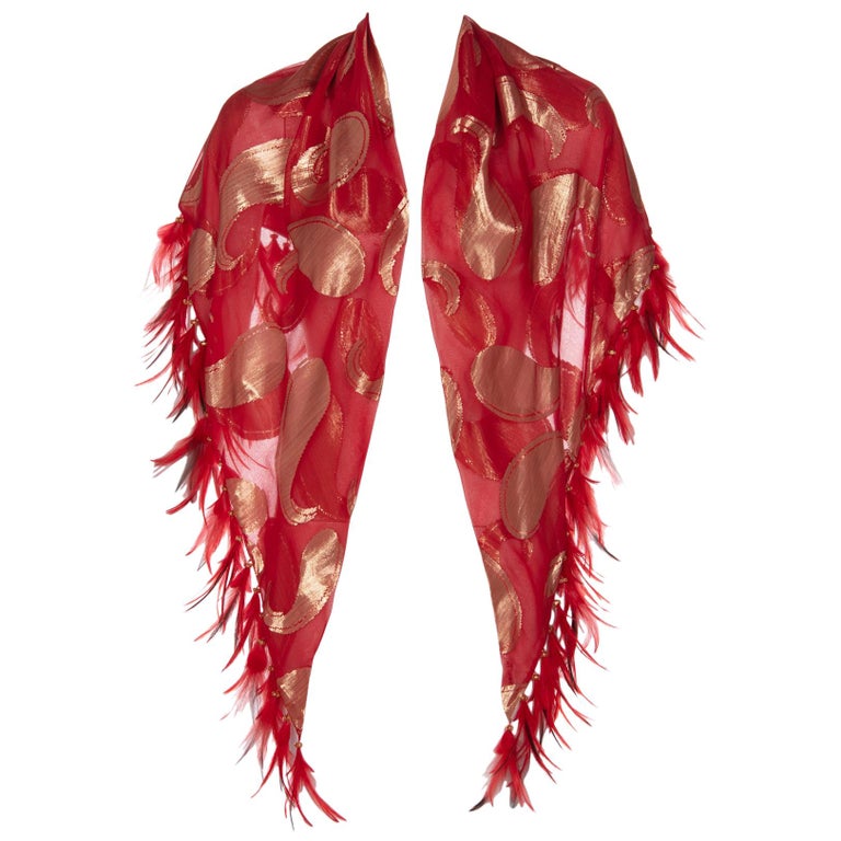 1970s Yves Saint Laurent Red Gold Paisley Silk Feather Shawl YSL